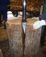 Taglio del tronco di quercia ad altezza delle doghe per la preparazione del legno spacatto - TONNELLERIE SIRUGUE