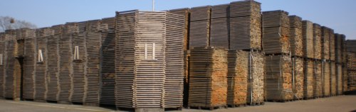 Existencias de madera de roble para la fabricación de barriles (barricas) en la Tonelería SIRUGUE secado natural aire libre, Nuits-Saint-Georges, Borgoña, Francia